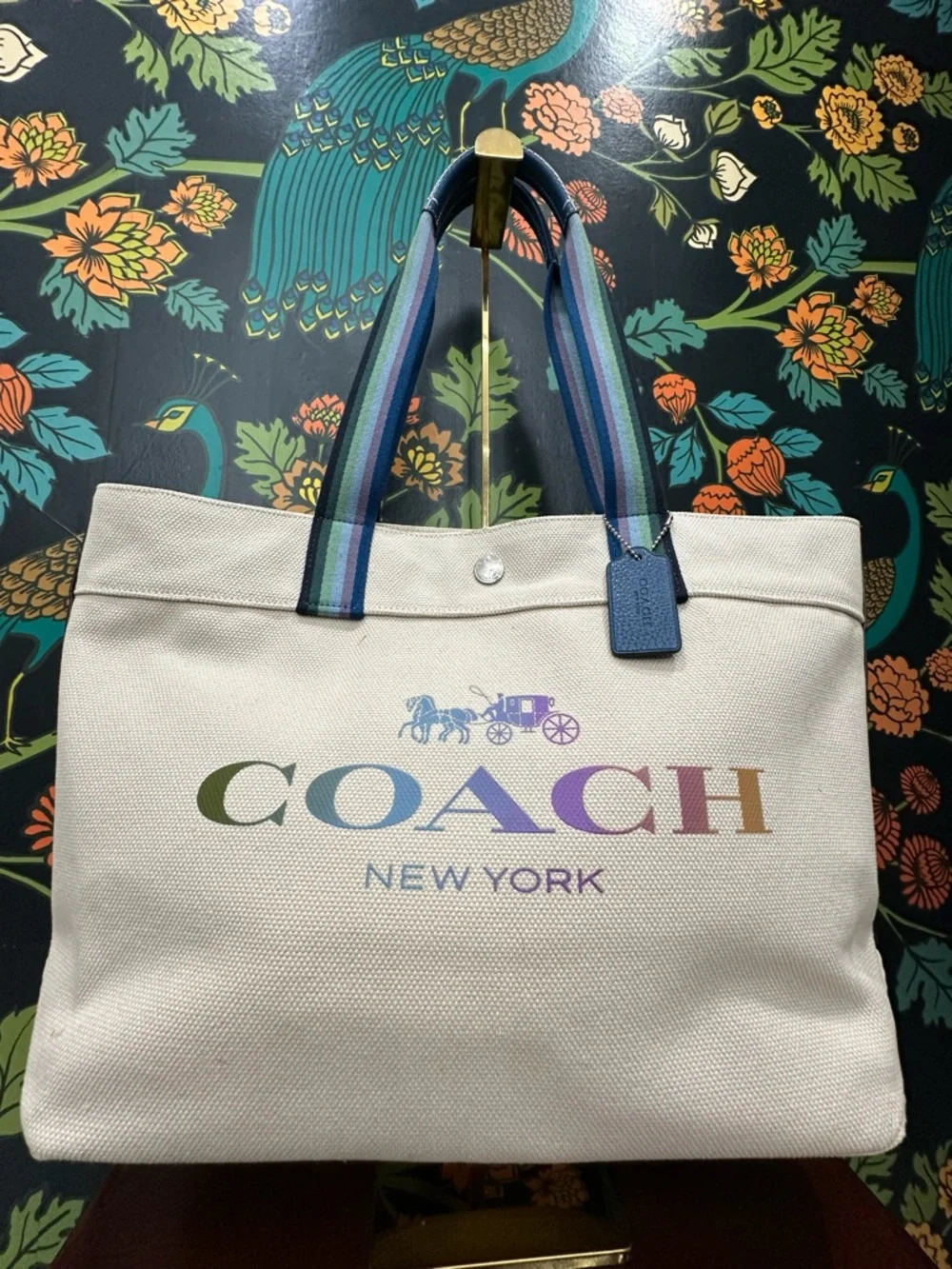Coach Rainbow Logo Canvas Tote Bag Stripe Handles 2020 Large Carryall - Picture 6 of 14